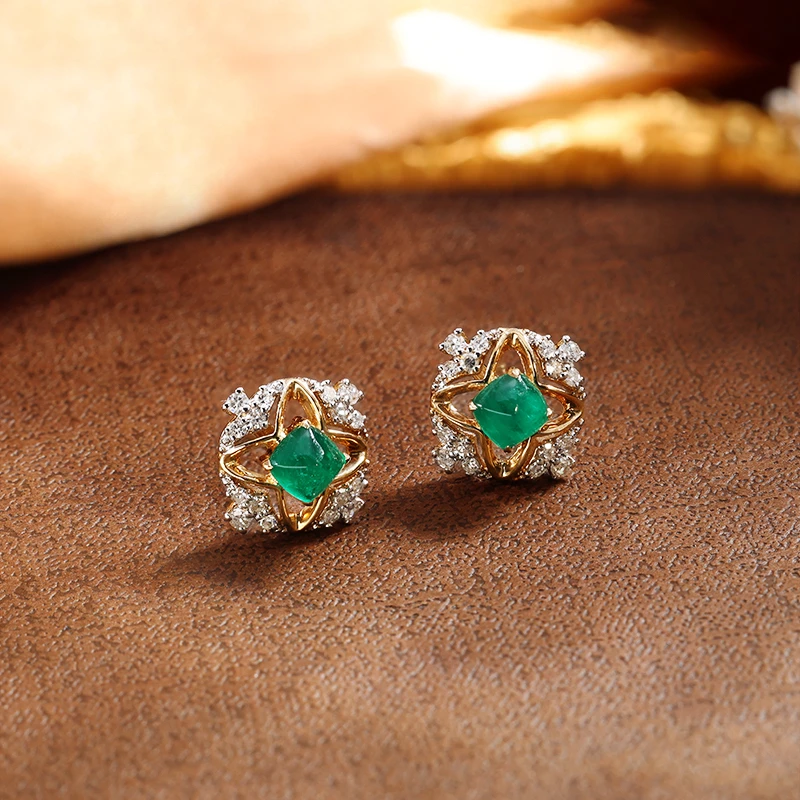 18K金天然祖母绿耳钉耳饰镶嵌钻石轻奢典雅贵宝彩宝气质时尚镂空