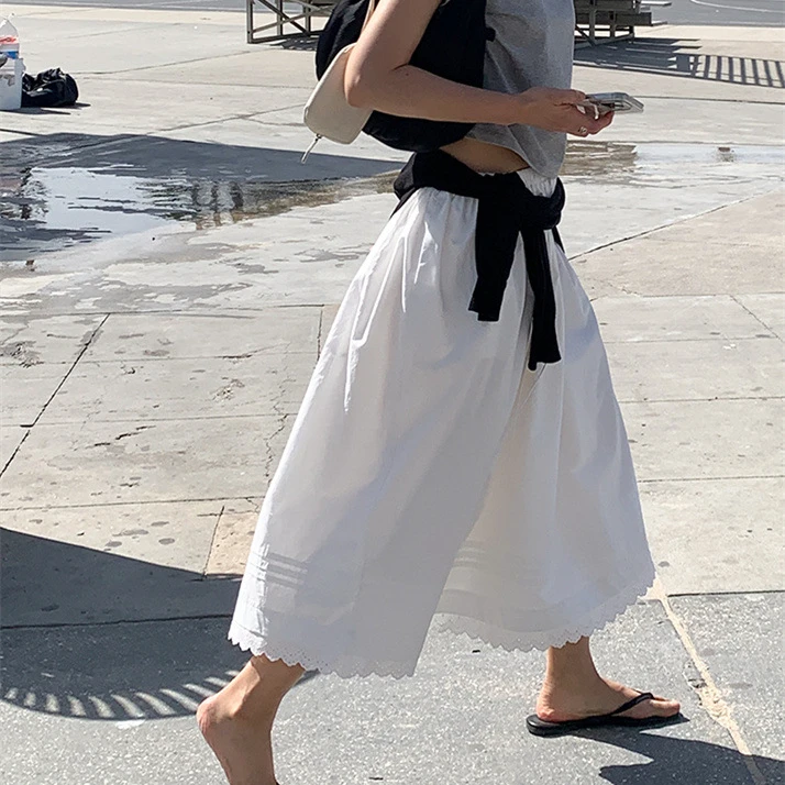 2024春夏新款韩版松紧腰系带抽绳花边半身裙长裙