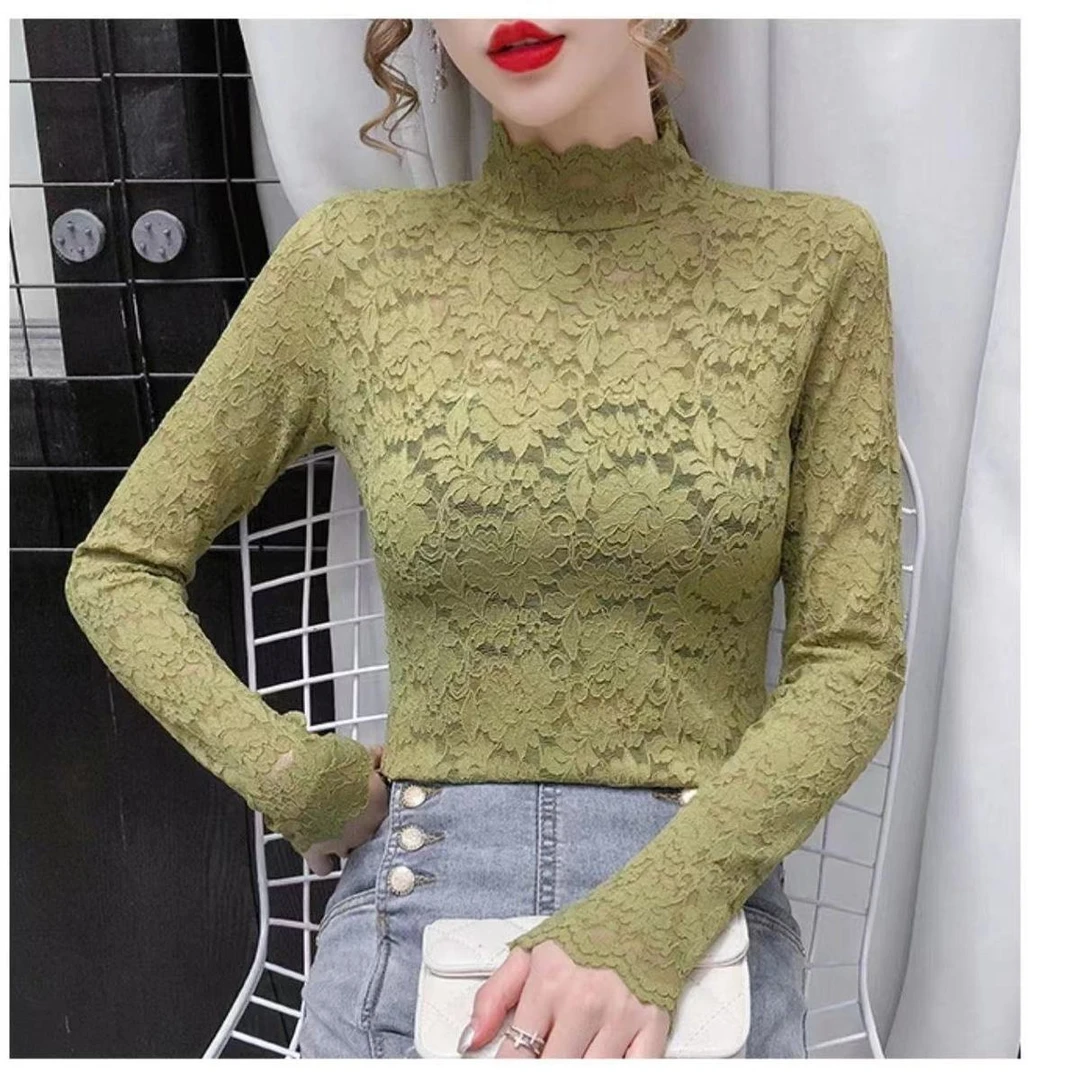 半高领蕾丝打底2022新款女高档内搭长袖大码宽松遮肚若隐若现百搭