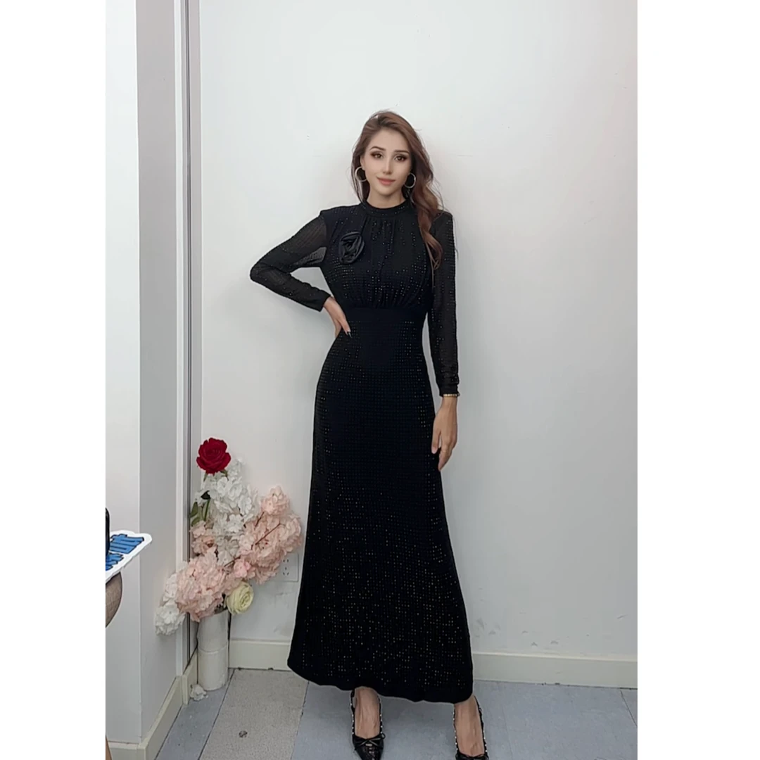 6856长袖高领烫钻满钻礼服女装连衣裙