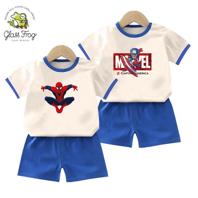 蜘蛛侠儿童T恤套装男童夏季新款美国队长纯棉半袖上衣宝宝打底衫