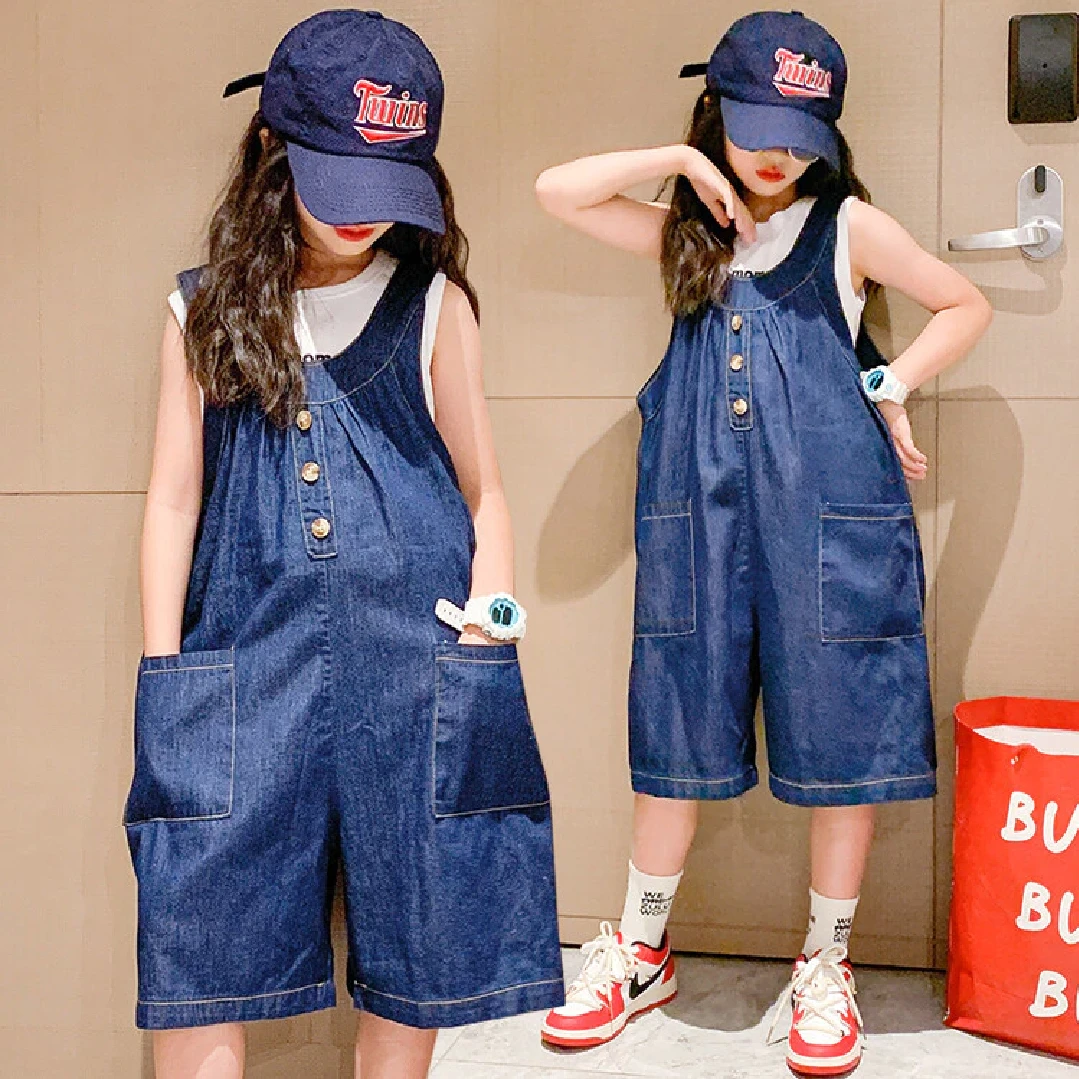 2024新款女童中大童牛仔背带阔腿裤短裤
