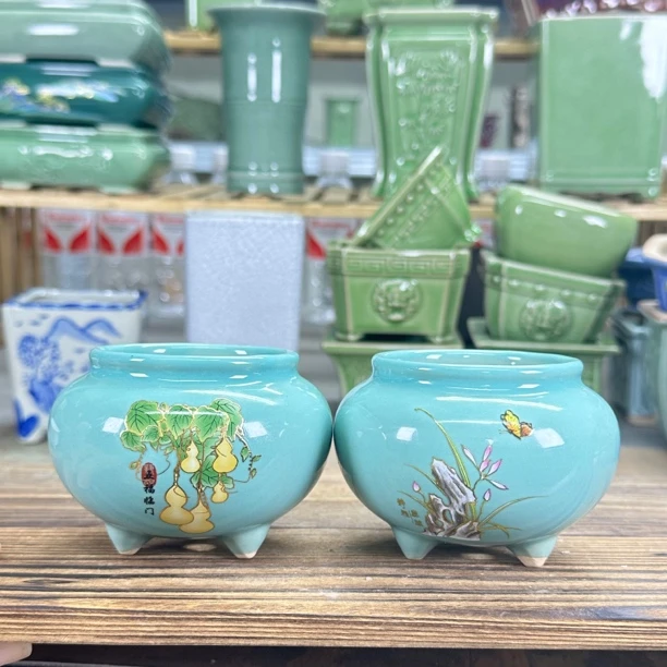 【直播浮力703】内径6高度7cm陶瓷仿青花大肚花盆三足造景古典陶瓷