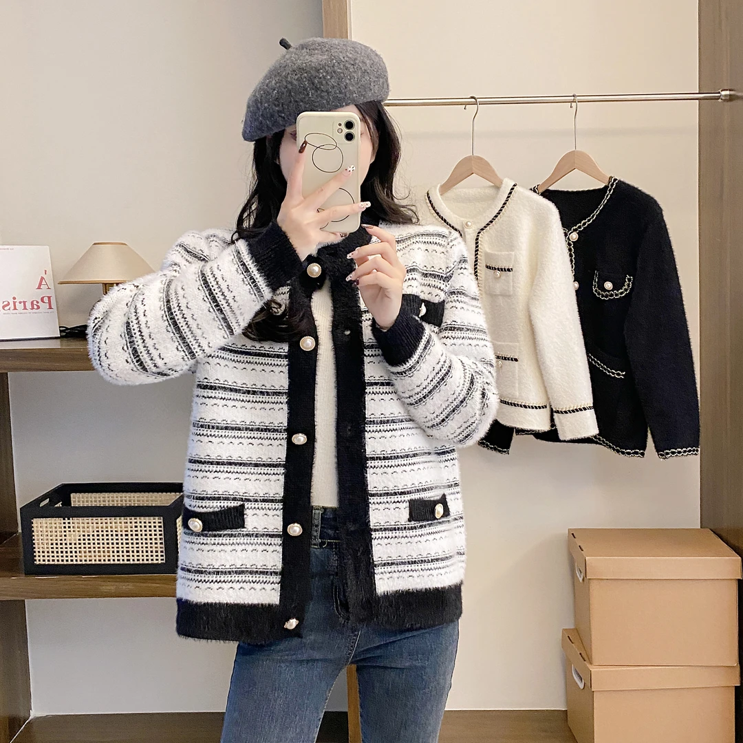 小香风条纹针织毛衣外套开衫春秋季女宽松韩版圆领小个子百搭女装