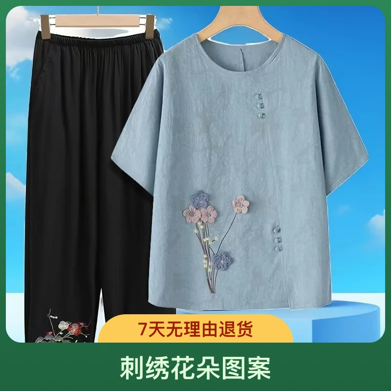 夏季老人绣花七分袖女套装中老年人洋气宽松民族风中年妈妈装薄款