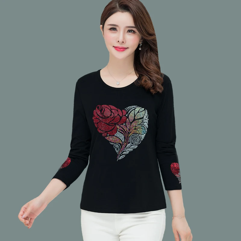 春秋长袖T恤百搭烫钻宽松显瘦洋气中年妈妈装t恤女圆领时尚打底衫