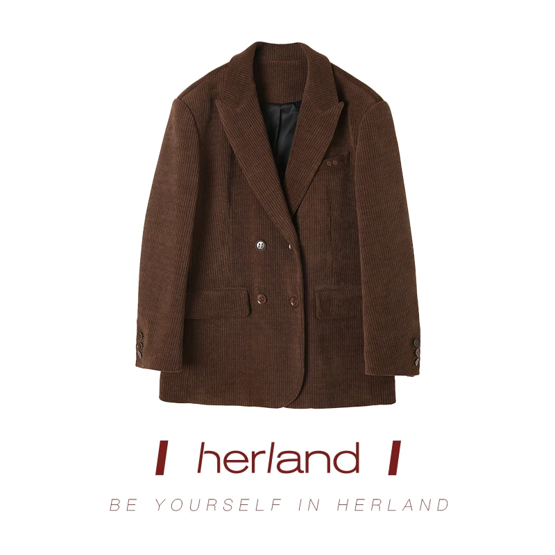 HERLAND她地  复古老钱风时尚气质灯芯绒西装外套