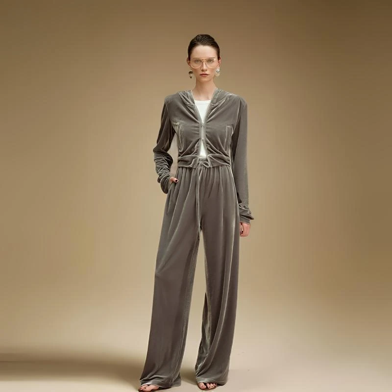 潮人B备显瘦直角肩连帽衫空气丝绒裤套装女秋上衣气质宽松长袖