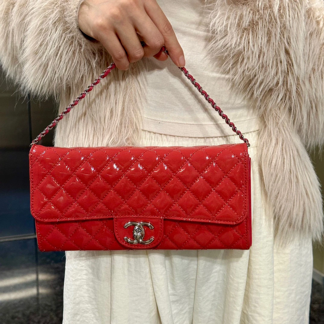 95新 Chanel/香奈儿 chanel红色银扣横版cf链条包