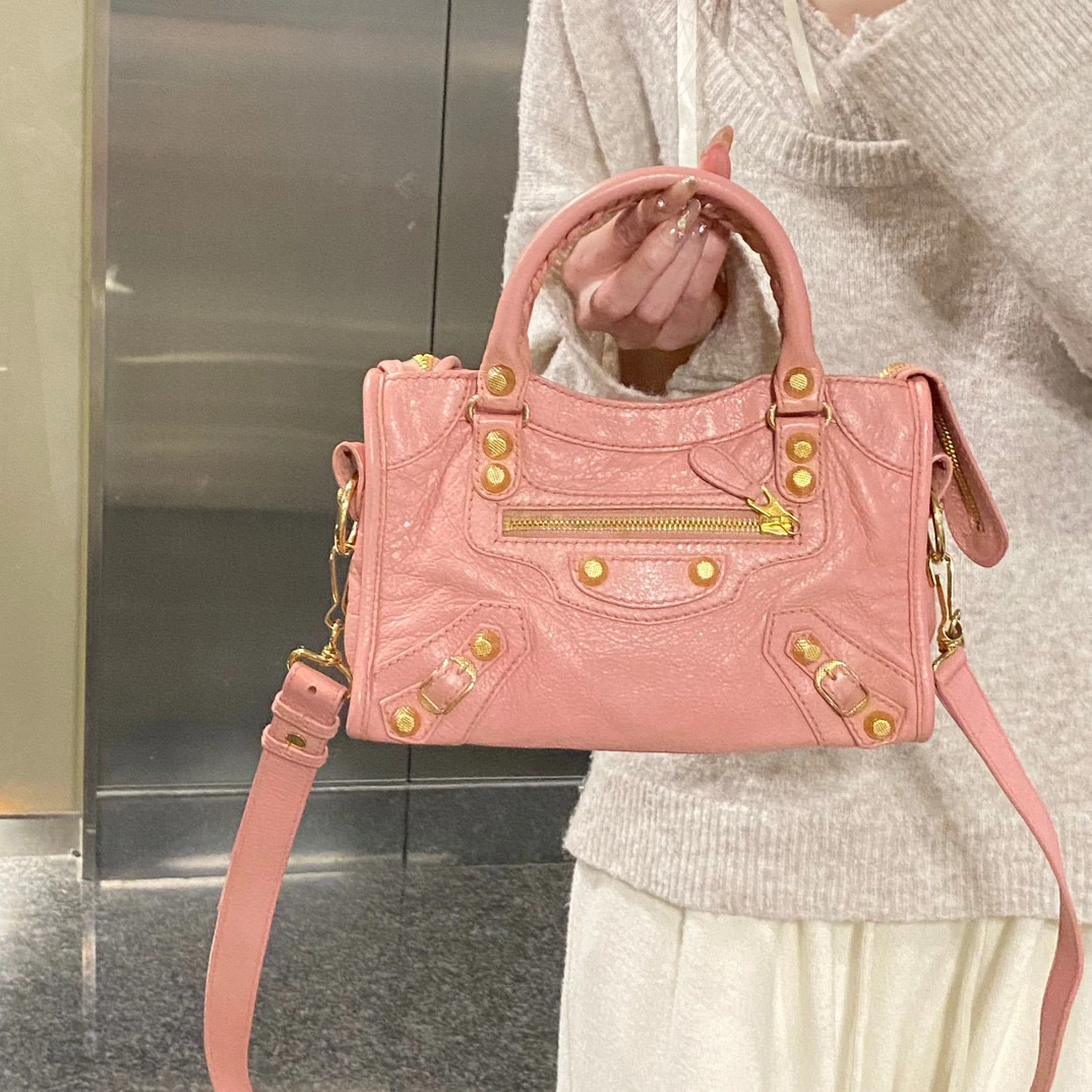 95新 Balenciaga/巴黎世家 巴黎世家珊瑚粉机车包手提斜挎包