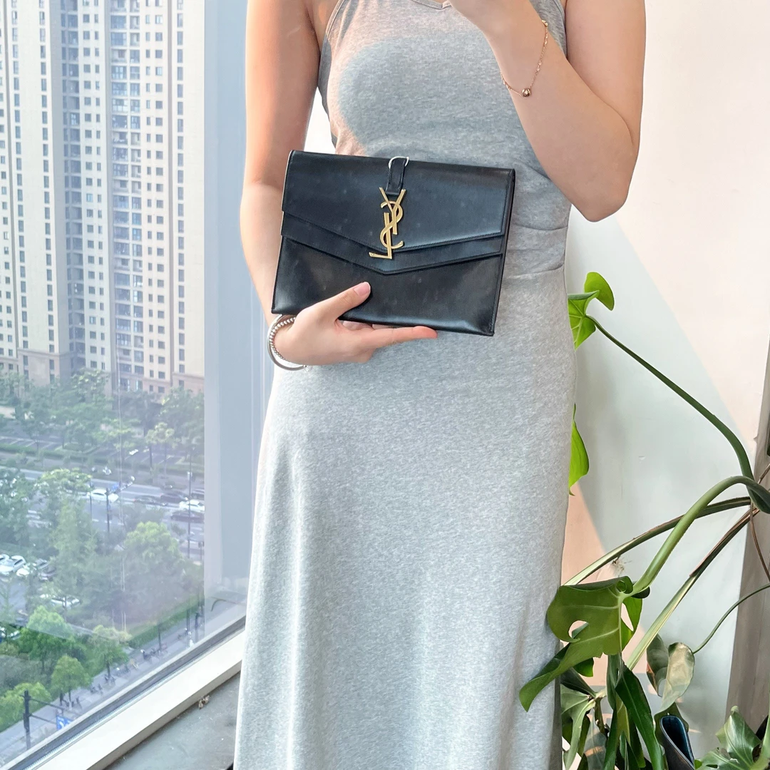 95新 YSL/圣罗兰 ysl 黑金双盖信封包
