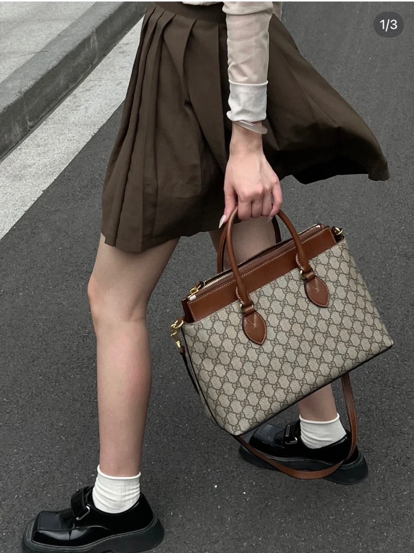 95新 GUCCI/古驰 gucci老花双拼tote单肩704