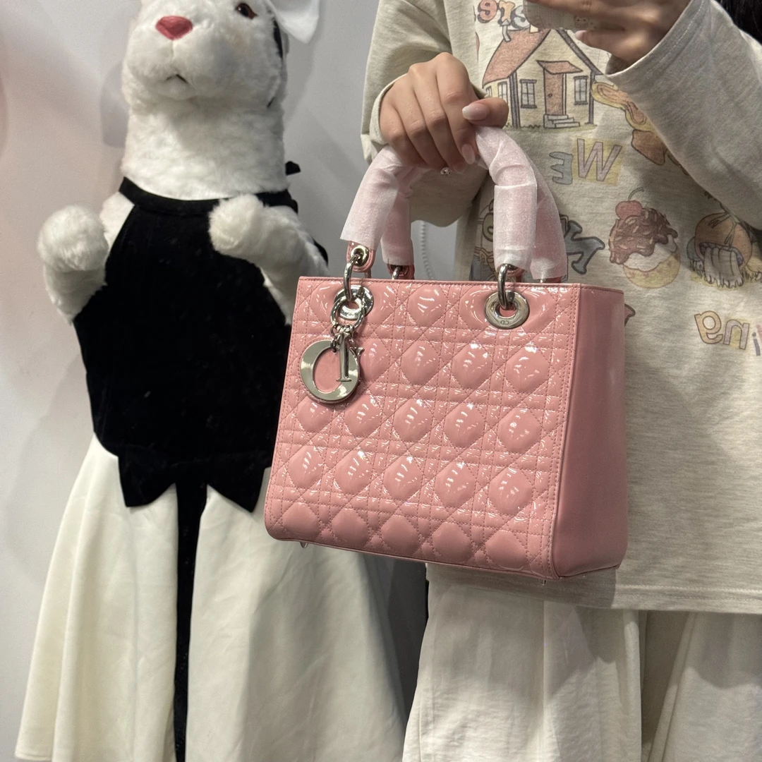 95新 DIOR/迪奥 dior 樱花粉五格戴妃手提包斜挎包