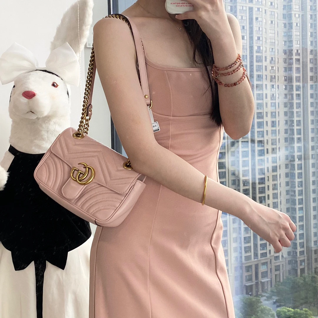 95新 GUCCI/古驰 gucci粉金马蒙链条包单肩斜挎包