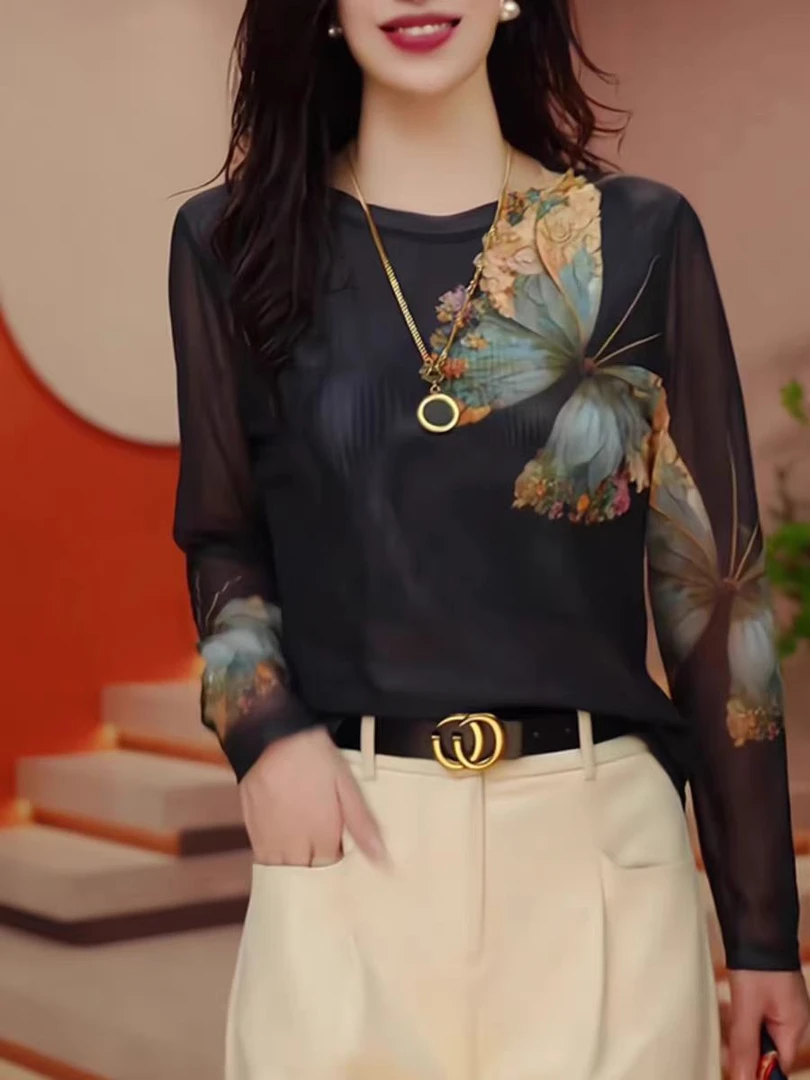 线下199！637#春季圆领双层网纱定位花打底小衫（XL~6XL女式打底衫