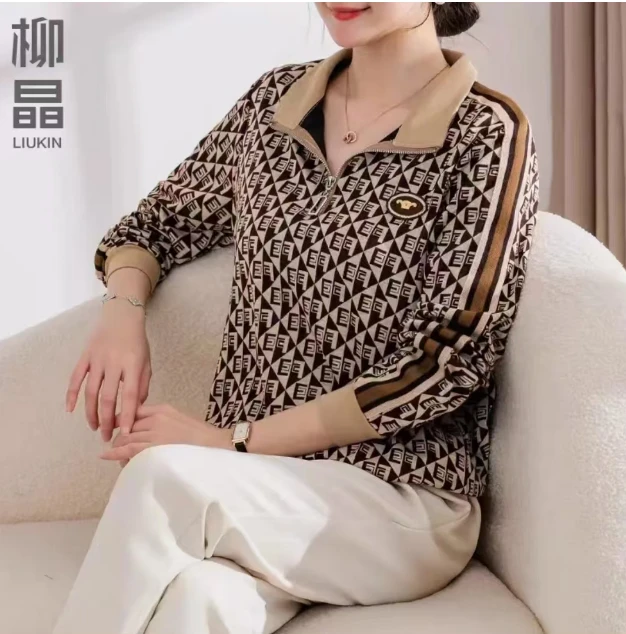 622#时尚立领印花显瘦气质休闲百搭卫衣（XL~6XL90~165女式打底衫