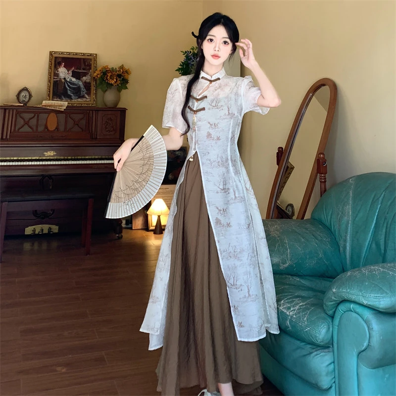 2025夏季新款新中式盘扣吊带连衣裙长衫国风水墨画两件套套装裙