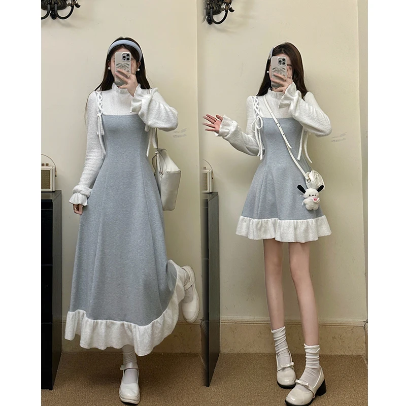 大码秋冬新款针织木耳边假两件温柔气质连衣裙显瘦收腰法式长裙仙