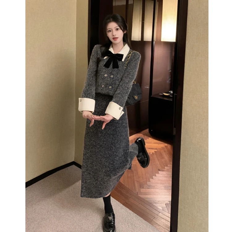 大码女装胖MM高级感小香风蝴蝶结毛呢外套+高腰半身裙两件套装裙