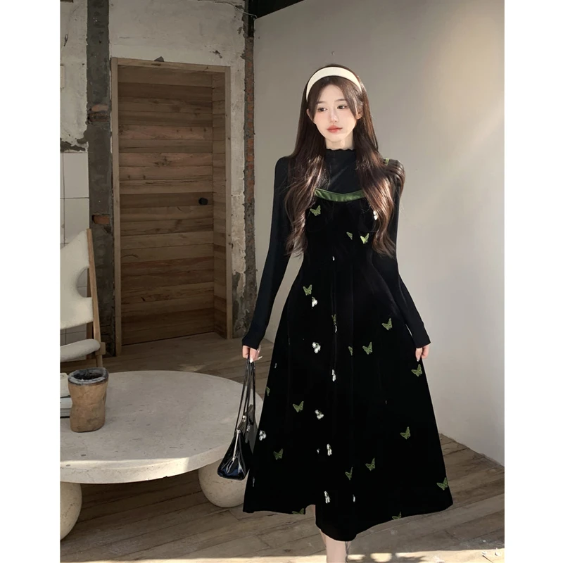 大码女装法式碎花丝绒吊带连衣裙女秋冬高腰A字裙子外搭胖mm长裙