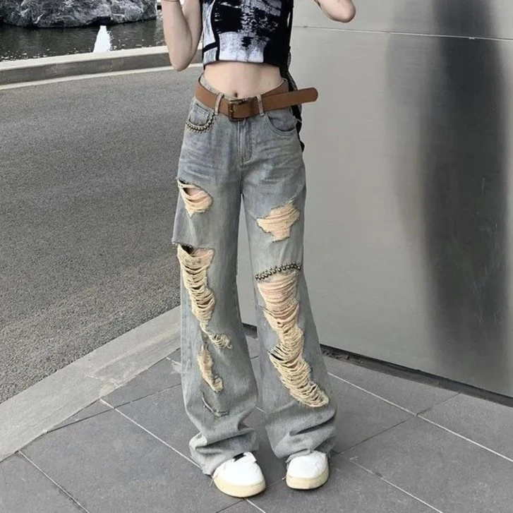 欧货2024春夏新款复古做旧重工高腰显瘦柳钉破洞阔腿拖地牛仔裤女