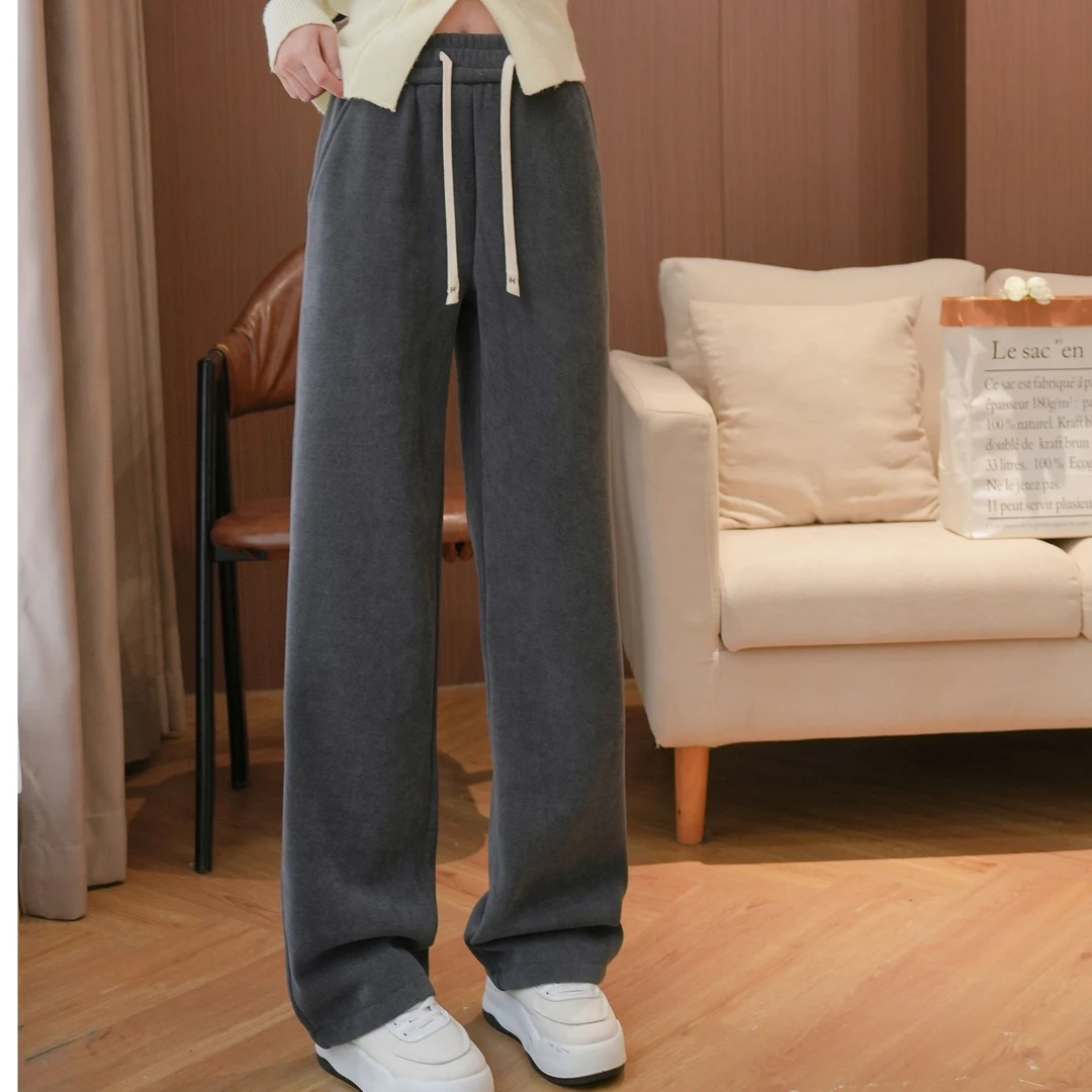 【粉丝专属】升级加绒加厚欧棉绒女冬高腰垂感直筒窄版休闲裤显瘦