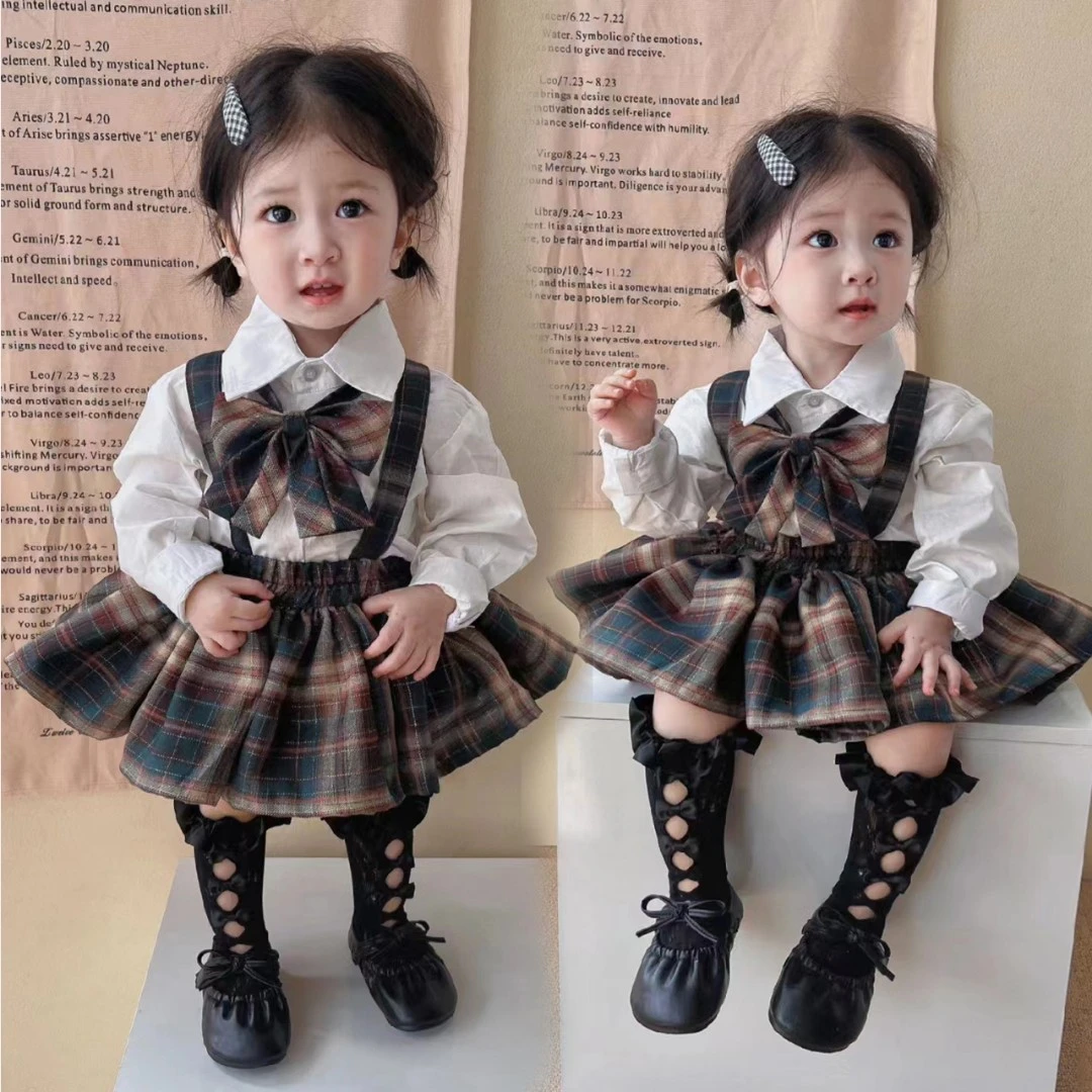 女童炸屁裙蓬蓬裙儿童百褶短裙JK套装格裙春秋季洛丽塔tutu裙套装