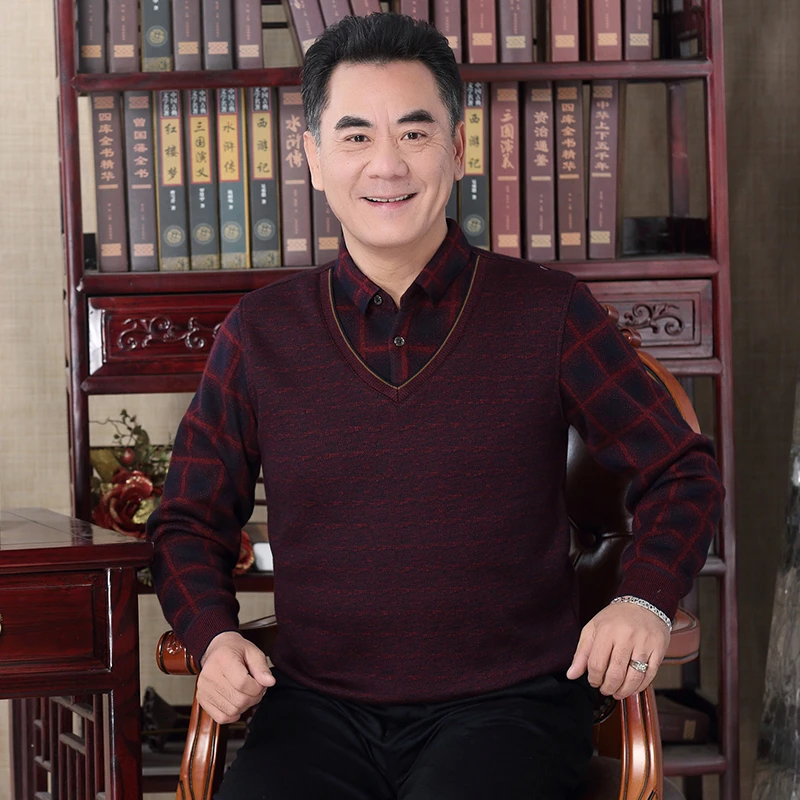 男士爸爸装本命年兔年针织衫中老年人毛衣服加绒加厚款秋冬季红色