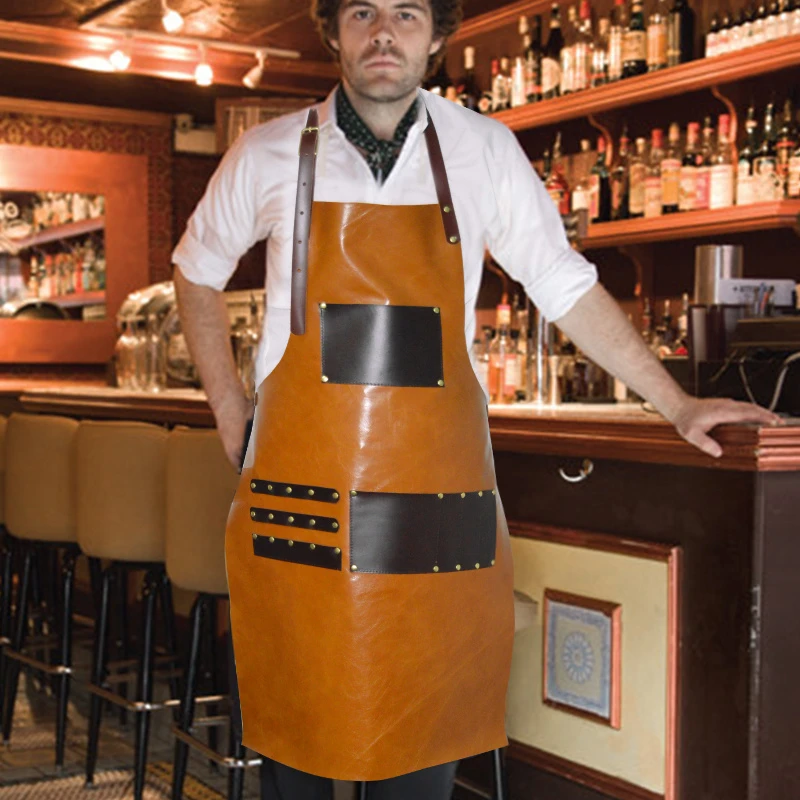 真皮牛皮围裙洋气款式成人工作服防水防油咖啡师厨房理发师定制