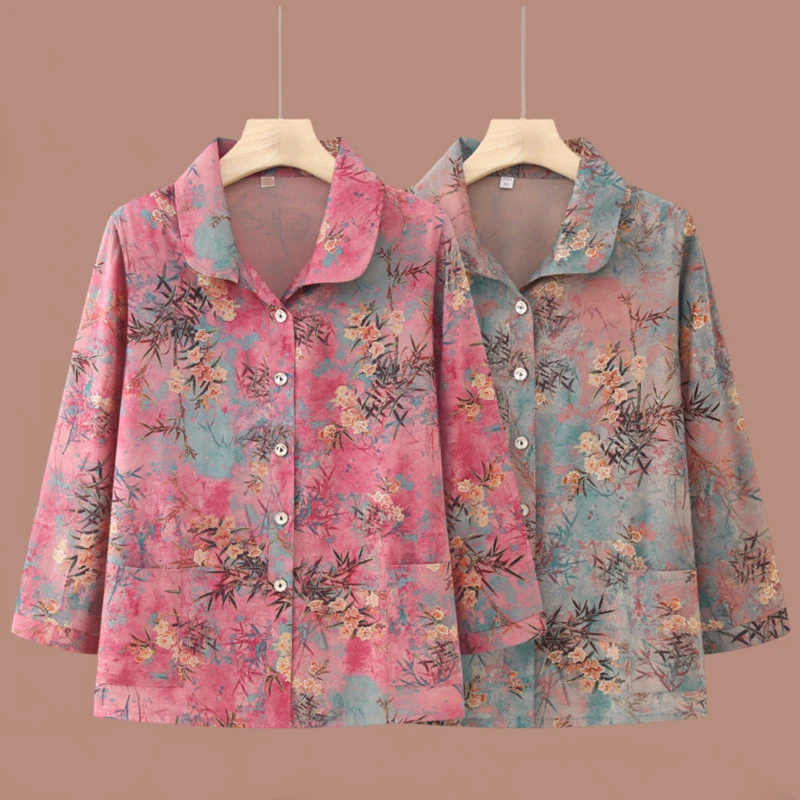 中老年人新款上衣奶奶春夏装60岁老太太薄款妈妈七分袖洋气衬衫装