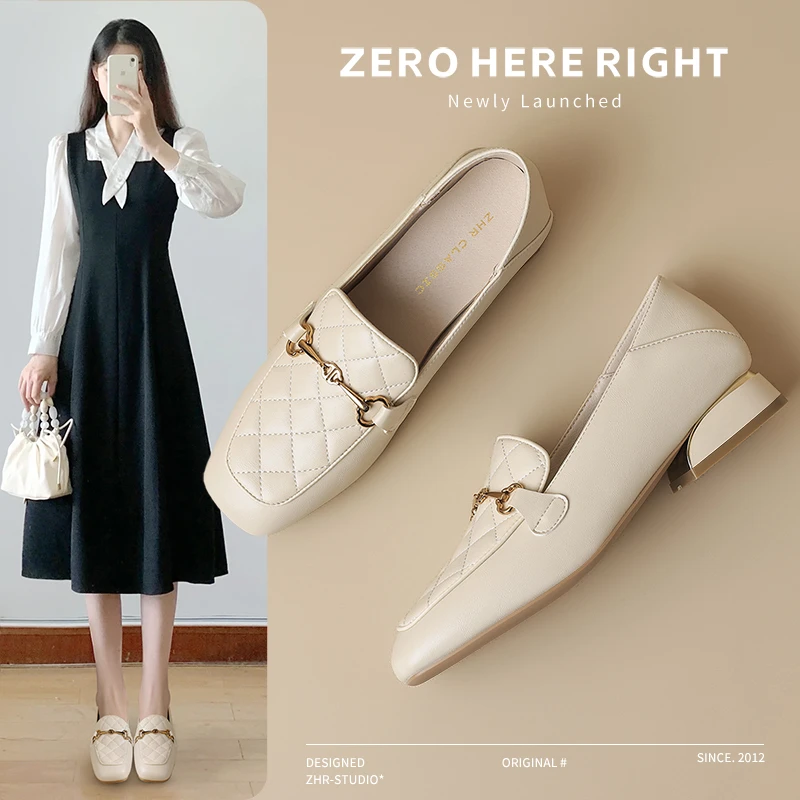 ZHR电镀方跟轻职风单鞋女2024秋季新款时尚菱格乐福鞋一脚蹬女鞋