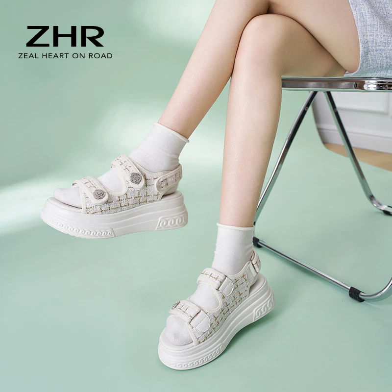 ZHR/则则厚底凉鞋女2024新款夏季小香风运动魔术贴凉鞋百搭松糕鞋