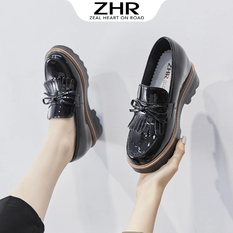 ZHR则则乐福鞋女2024秋季新款舒适厚底流苏蝴蝶结高跟鞋亮面单鞋