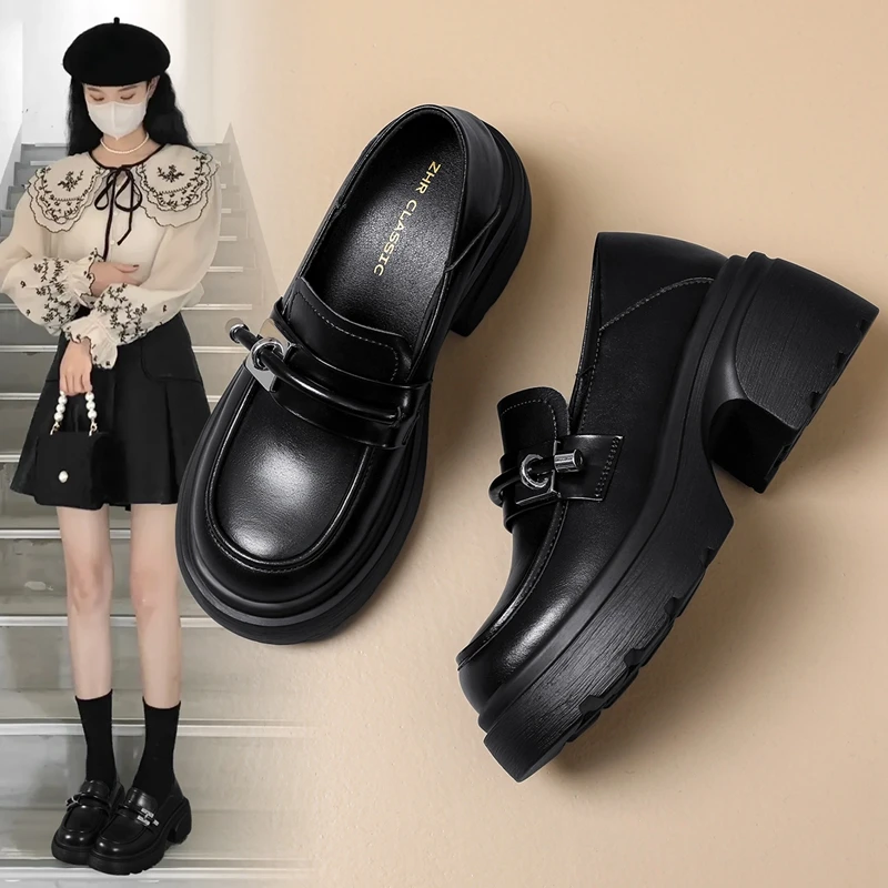ZHR厚底乐福鞋女2024秋季小个子增高简约粗跟单鞋英伦风黑色皮鞋