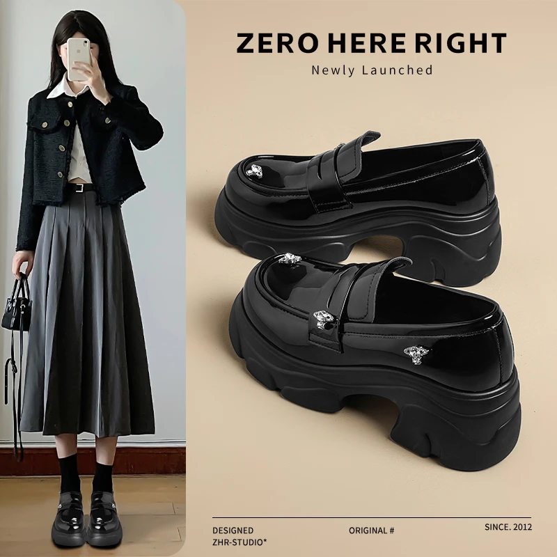 ZHR则则厚底乐福鞋春季新款增高小皮鞋英伦风水钻高跟单鞋女女款