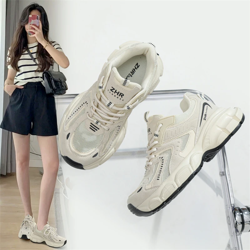 ZHR复古老爹鞋2025春新款男女同款厚底休闲鞋透气百搭网面运动鞋
