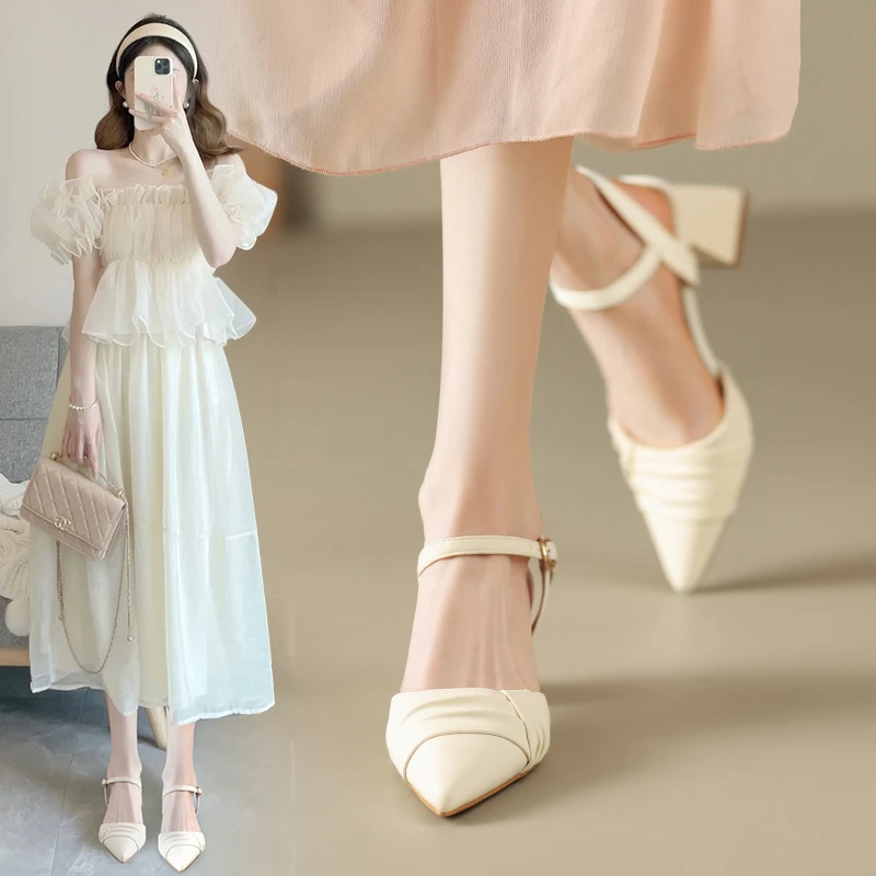 ZHR外穿凉鞋女2024秋季新款法式百搭粗跟女鞋尖头一字带简约单鞋