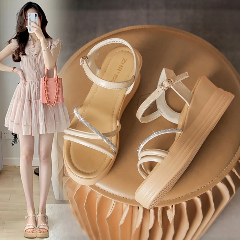 ZHR水钻交叉带坡跟凉鞋女2023新款厚底高跟凉鞋女外穿夏季松糕鞋