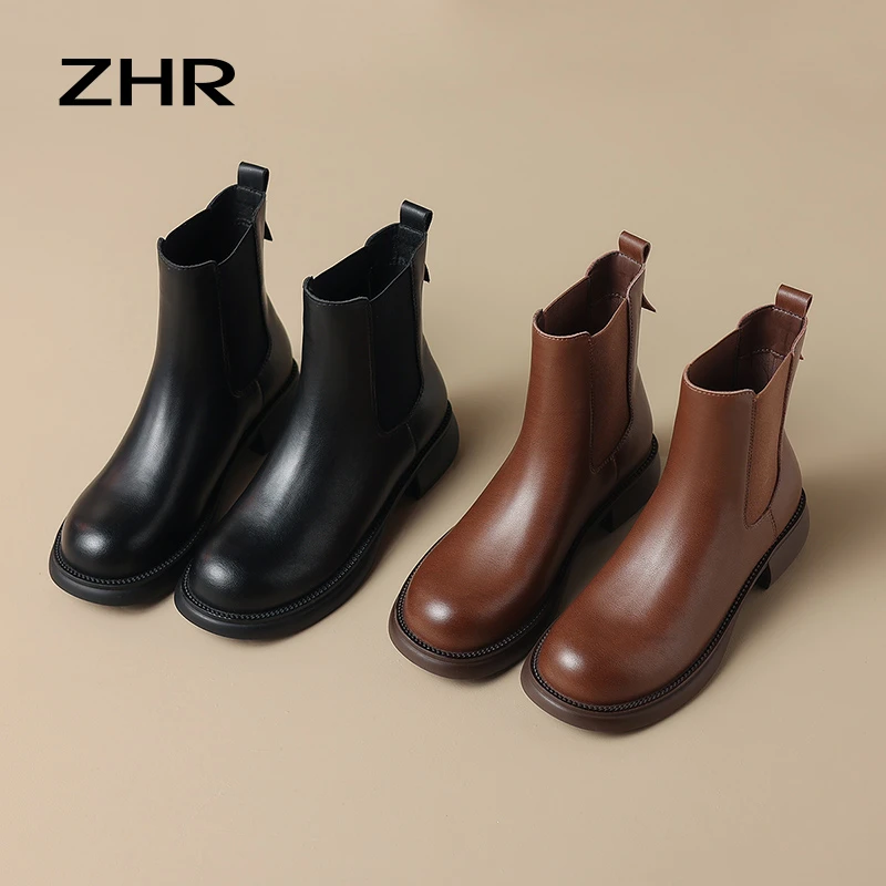 ZHR法式短靴女靴秋冬新款简约切尔西今年厚底洋气流行独特马丁靴