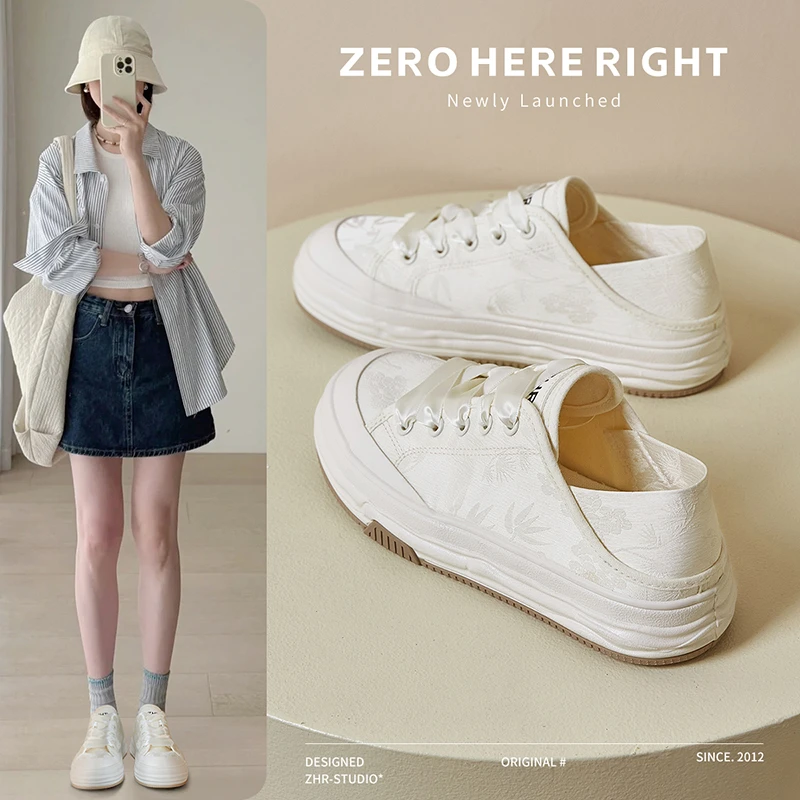 ZHR新中式小白鞋女2024新款秋季透气软底帆布鞋百搭白色缎面板鞋