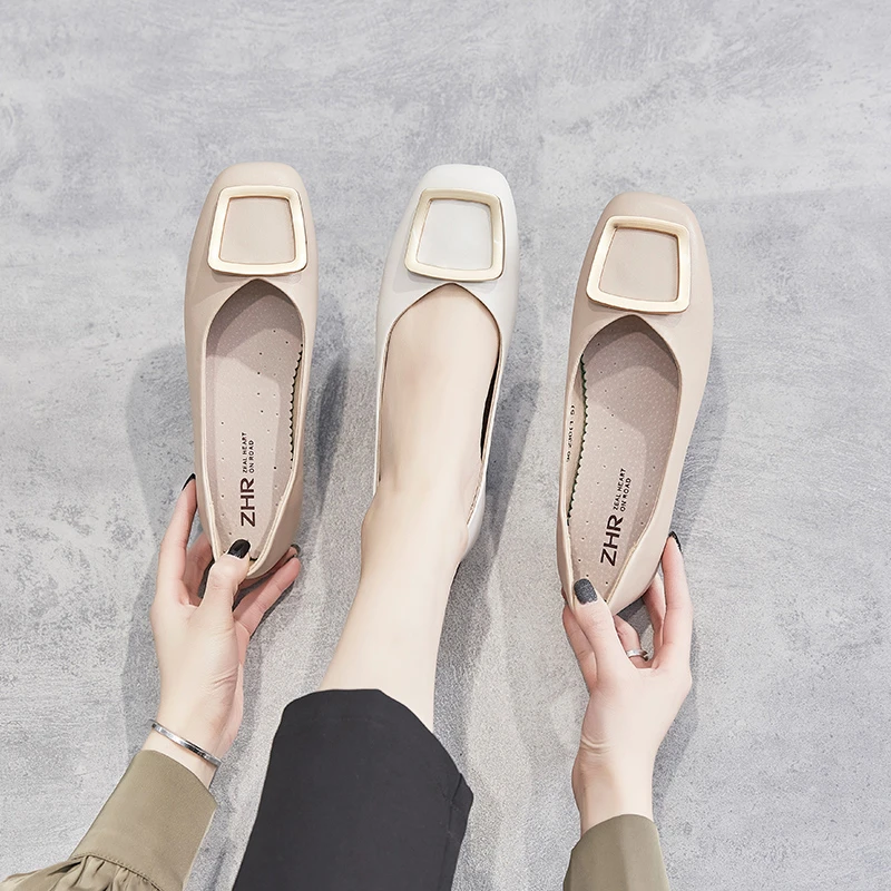 ZHR则则新款百搭平底单鞋网红韩版粗跟方头豆豆鞋软底时尚女鞋大