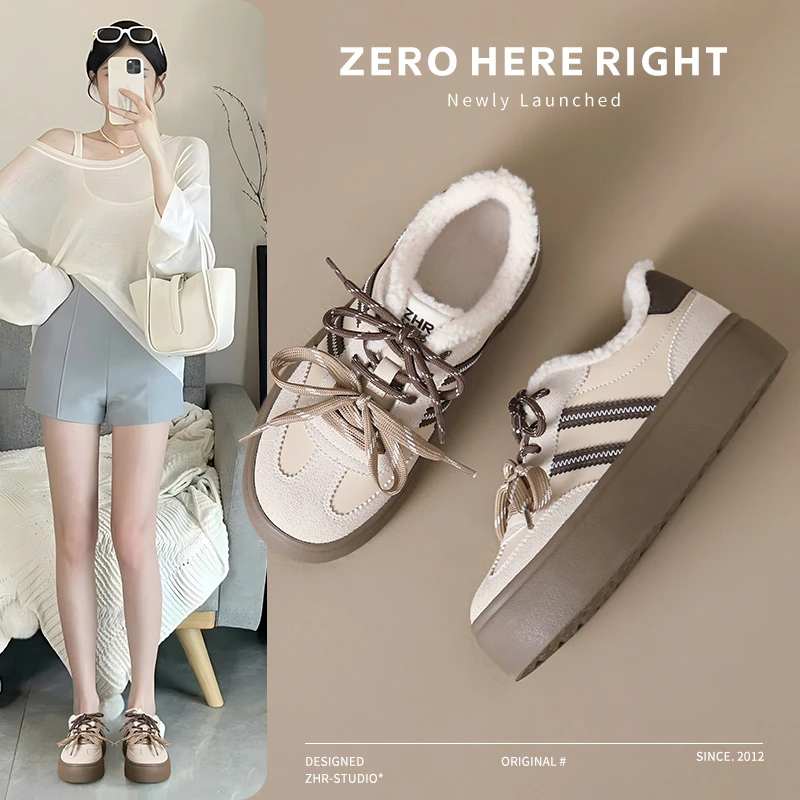 ZHR加绒德训鞋女款2024新款秋冬季运动鞋女鞋加厚毛毛鞋保暖棉鞋