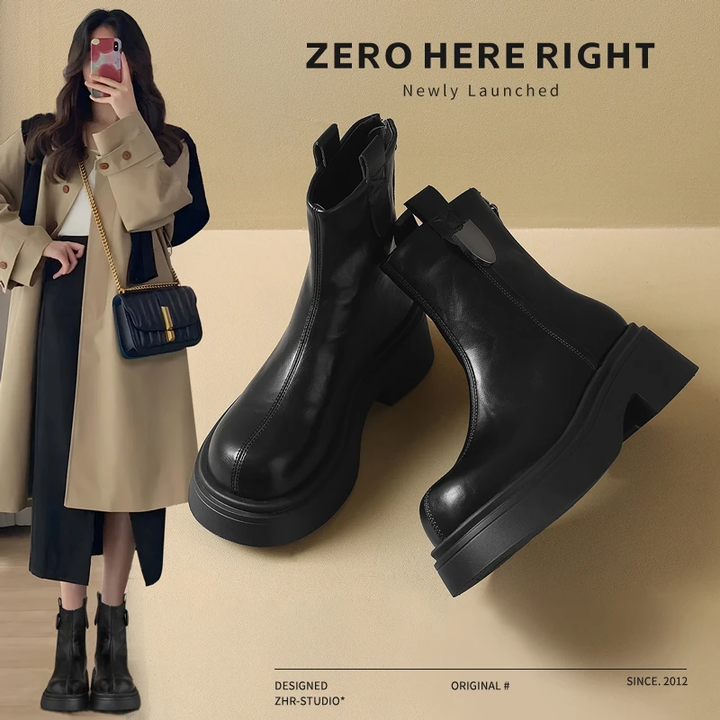 ZHR则则英伦风短靴女2025冬新款厚底马丁靴加绒保暖小个子瘦瘦靴