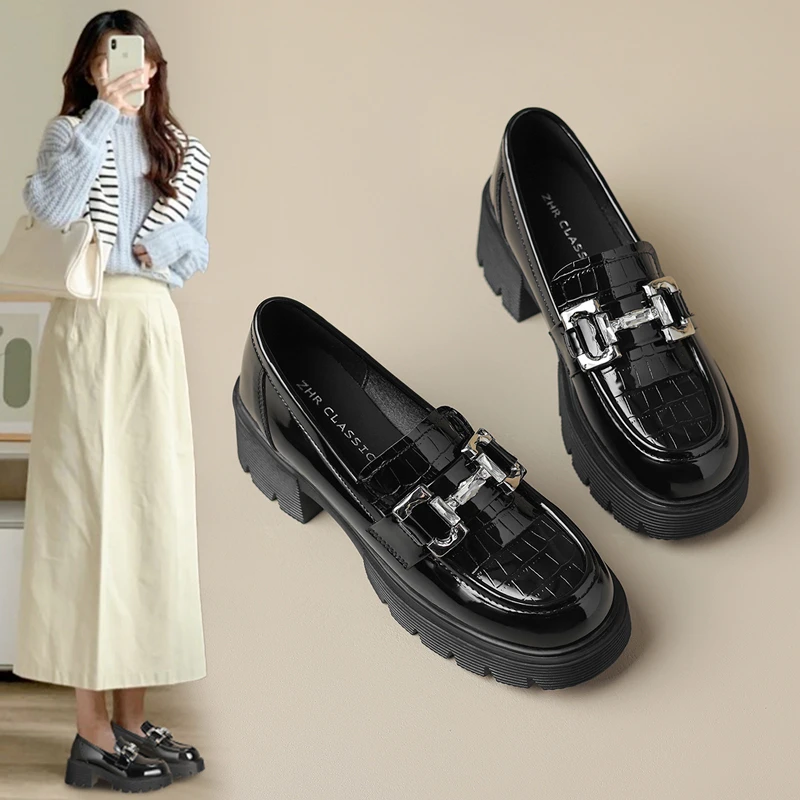 ZHR乐福鞋女新款一脚蹬厚底女鞋百搭英伦小皮鞋休闲鞋透气上班族