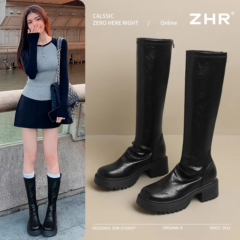 ZHR长筒加绒不过膝靴秋冬新款长靴百搭气质骑士高筒靴鞋子小个子