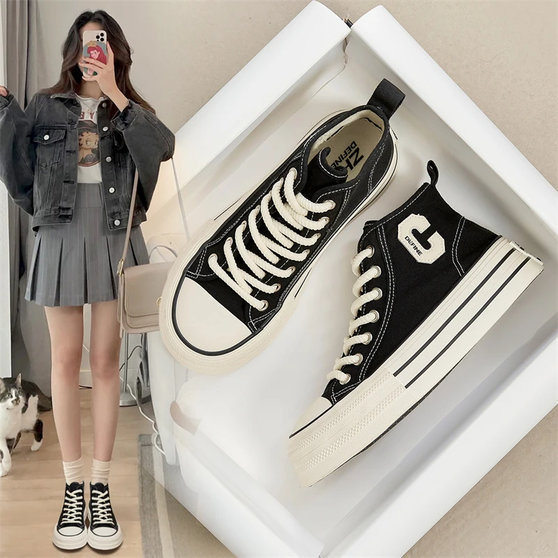 ZHR青春派高帮帆布鞋女鞋2024早秋新款时尚厚底透气小众百搭女鞋