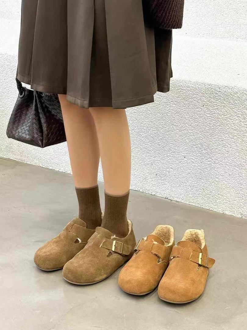 真皮勃肯鞋女冬季加绒保暖一脚蹬软底豆豆鞋