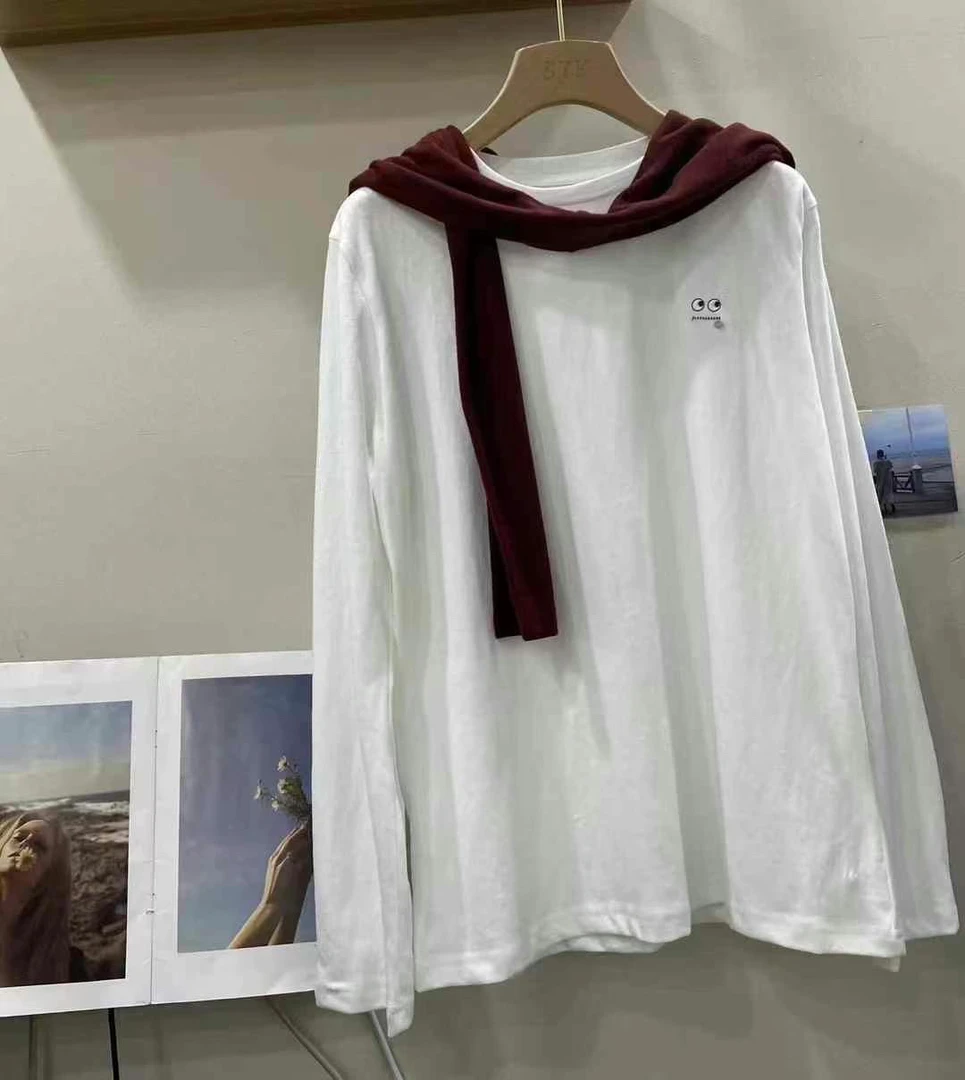 简约百搭笑脸刺绣加绒长袖T恤圆领设计感