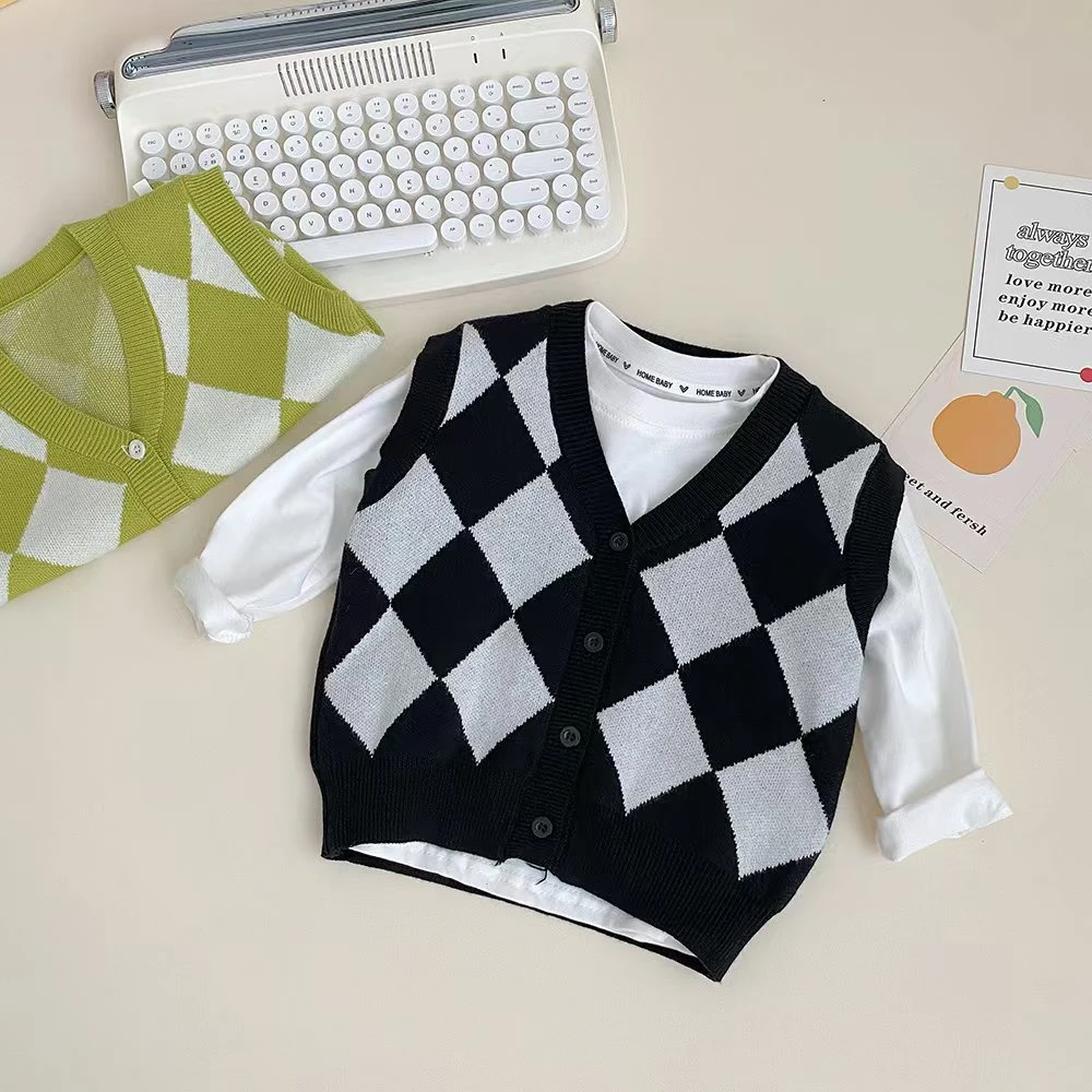 230-时髦洋气棋盘格V领针织背心男女童春秋2024新款儿童毛衣马甲