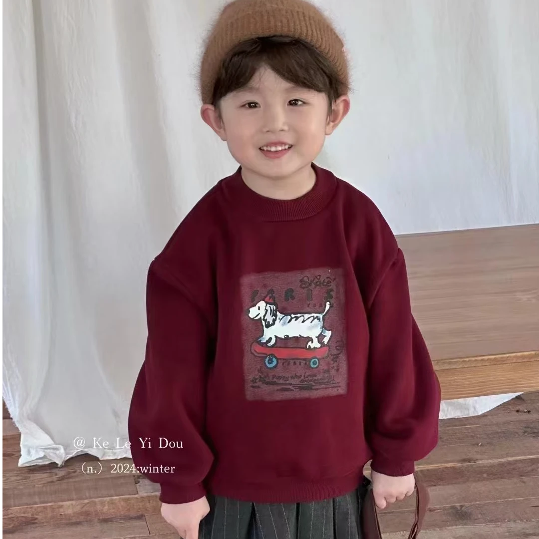 7805-男宝宝加绒卫衣秋冬装2024新款韩版洋气儿童一体绒上衣保暖